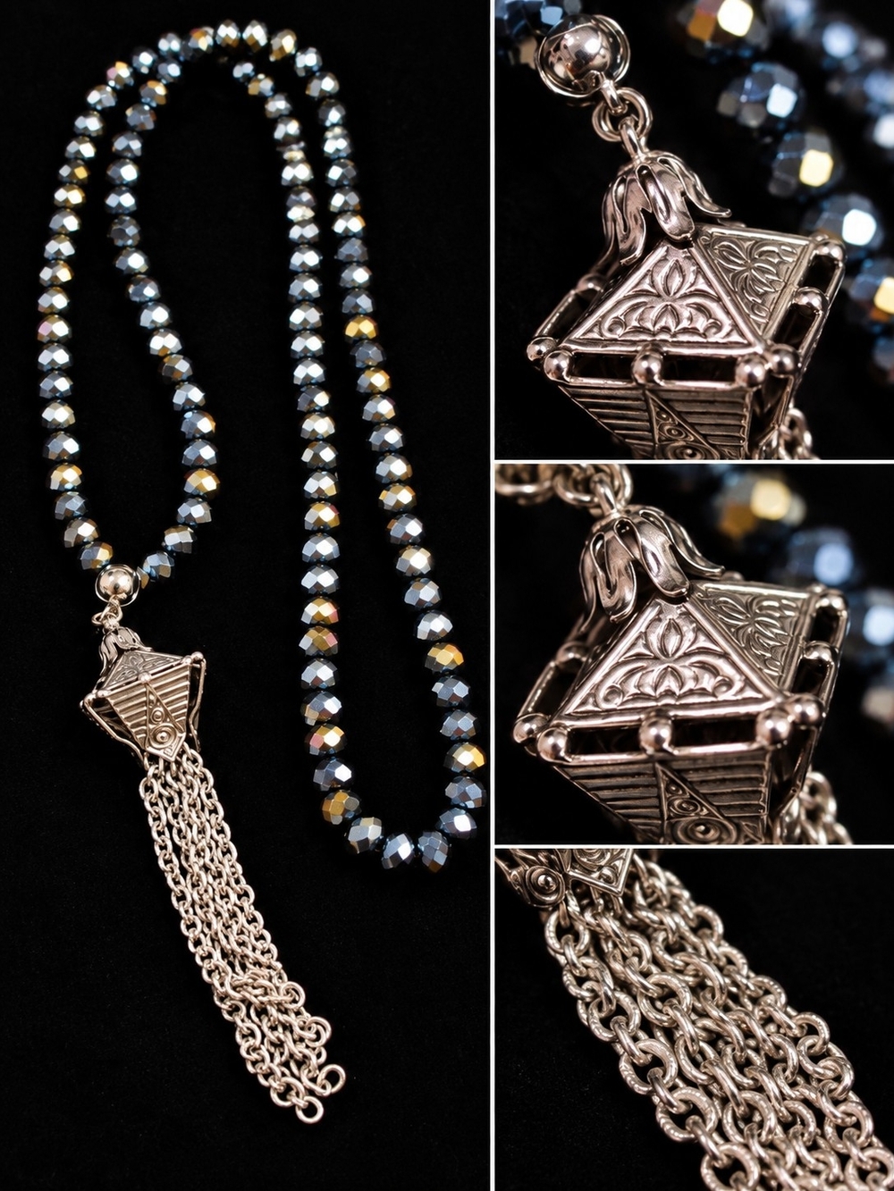 Vintage 80s Silver-Tone Beaded Tassel Necklace - Iridescent Gray Glass